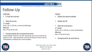Follow-Up
VIRTUAL
• E-mail do trainee
• Data de envio:
1st week
Entre o 4º e o 10º dia, a contar da Realização
Mensal
Até o 7º dia útil do mês
• Comprovação do acompanhamento
Funcionalidade “Imprimir em pdf” disponível como recurso dentro do
próprio e-mail. Deve apresentar nome do EP, data (no email e não no
computador) e endereço de e-mail completo;
FÍSICO
• Dados da oportunidade
• Dados do EP
• Data de assinatura:
1st week
Entre o 4º e o 10º dia, a contar da Realização
Mensal
Até o 7º dia útil do mês
• Comprovante de assinatura
 