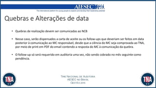 Quebras e Alterações de data
• Quebras de realização devem ser comunicadas ao NCB
• Nesse caso, serão dispensados a carta de aceite ou os follow-ups que deveriam ser feitos em data
posterior à comunicação ao MC responsável, desde que a ciência do MC seja comprovada ao TNA,
por meio de print em PDF do email contendo a resposta do MC à comunicação da quebra.
• O follow-up só será requerido em auditoria uma vez, não sendo cobrado no mês seguinte como
pendência.
 