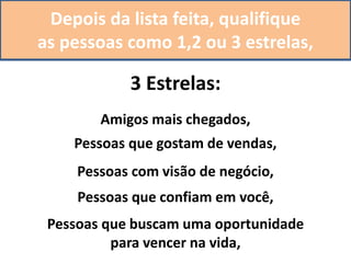 Depois da lista feita, qualifique
as pessoas como 1,2 ou 3 estrelas,
3 Estrelas:
Amigos mais chegados,
Pessoas que gostam de vendas,
Pessoas com visão de negócio,
Pessoas que confiam em você,
Pessoas que buscam uma oportunidade
para vencer na vida,
 