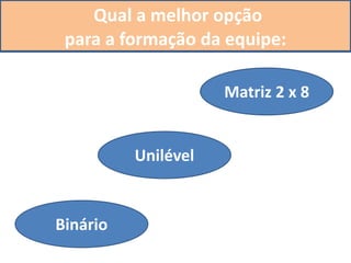 Qual a melhor opção
para a formação da equipe:
Binário
Unilével
Matriz 2 x 8
 