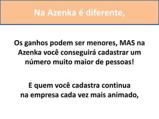 Na Azenka é diferente,
Os ganhos podem ser menores, MAS na
Azenka você conseguirá cadastrar um
número muito maior de pessoas!
E quem você cadastra continua
na empresa cada vez mais animado,
 