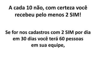 A cada 10 não, com certeza você
recebeu pelo menos 2 SIM!
Se for nos cadastros com 2 SIM por dia
em 30 dias você terá 60 pessoas
em sua equipe,
 