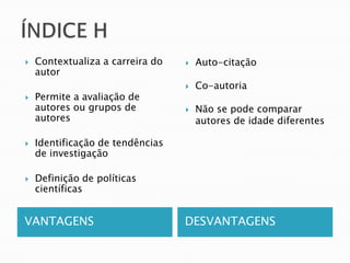 ÍNDICE HVANTAGENSDESVANTAGENSContextualiza a carreira do autorPermite a avaliação de autores ou grupos de autoresIdentificação de tendências de investigaçãoDefinição de políticas científicasAuto-citaçãoCo-autoriaNão se pode comparar autores de idade diferentes