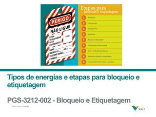 1
Tipos de energias e etapas para bloqueio e
etiquetagem
PGS-3212-002 - Bloqueio e Etiquetagem
 