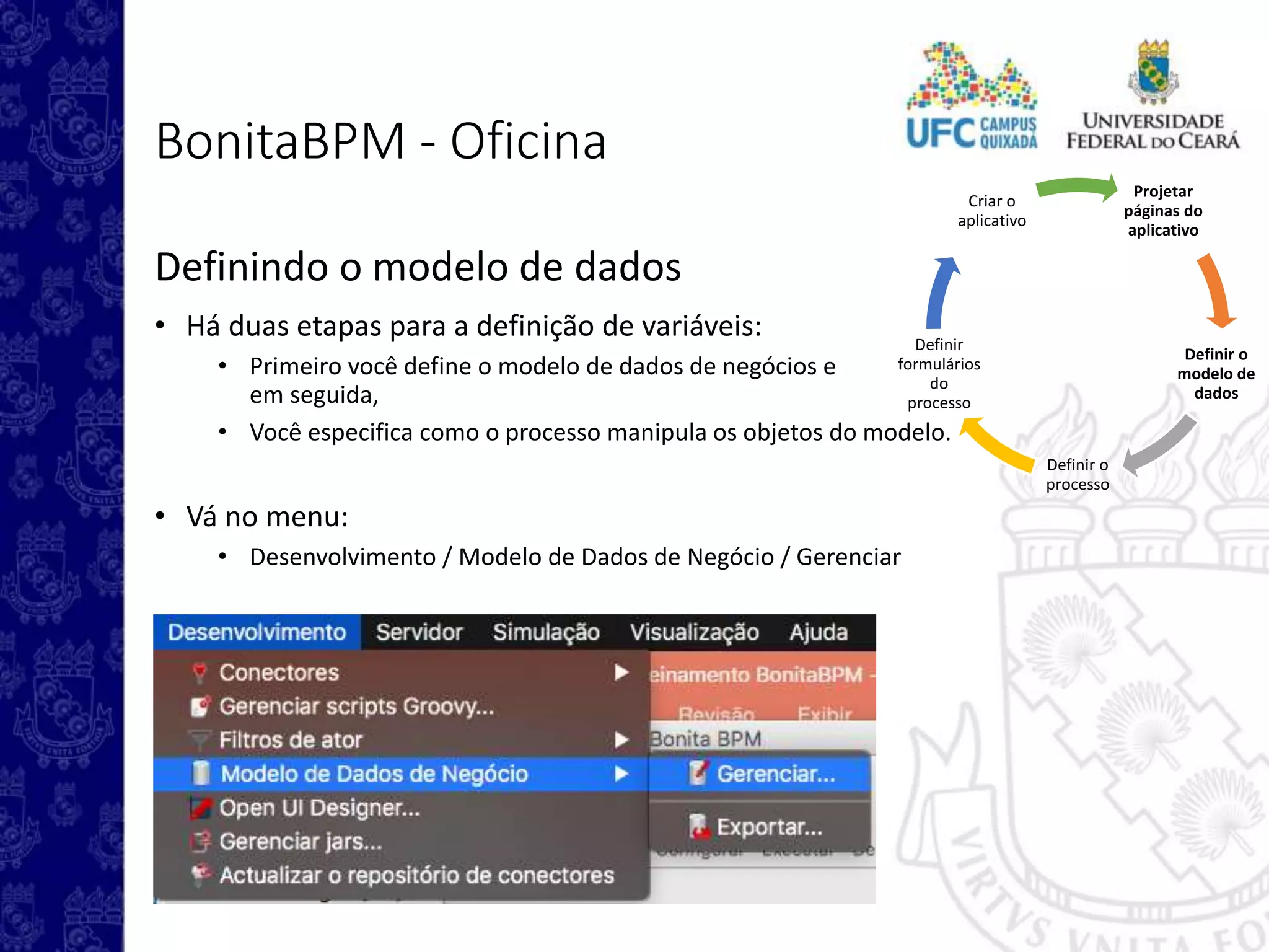 Projetar
páginas do
aplicativo
Definir o
modelo de
dados
Definir o
processo
Definir
formulários
do
processo
Criar o
aplicativo
BonitaBPM - Oficina
Definindo o modelo de dados
• Há duas etapas para a definição de variáveis:
• Primeiro você define o modelo de dados de negócios e
em seguida,
• Você especifica como o processo manipula os objetos do modelo.
• Vá no menu:
• Desenvolvimento / Modelo de Dados de Negócio / Gerenciar
 
