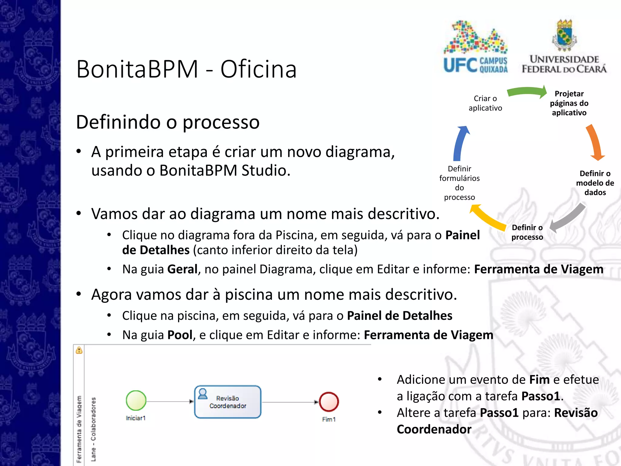 Projetar
páginas do
aplicativo
Definir o
modelo de
dados
Definir o
processo
Definir
formulários
do
processo
Criar o
aplicativo
BonitaBPM - Oficina
Definindo o processo
• A primeira etapa é criar um novo diagrama,
usando o BonitaBPM Studio.
• Vamos dar ao diagrama um nome mais descritivo.
• Clique no diagrama fora da Piscina, em seguida, vá para o Painel
de Detalhes (canto inferior direito da tela)
• Na guia Geral, no painel Diagrama, clique em Editar e informe: Ferramenta de Viagem
• Agora vamos dar à piscina um nome mais descritivo.
• Clique na piscina, em seguida, vá para o Painel de Detalhes
• Na guia Pool, e clique em Editar e informe: Ferramenta de Viagem
• Adicione um evento de Fim e efetue
a ligação com a tarefa Passo1.
• Altere a tarefa Passo1 para: Revisão
Coordenador
 