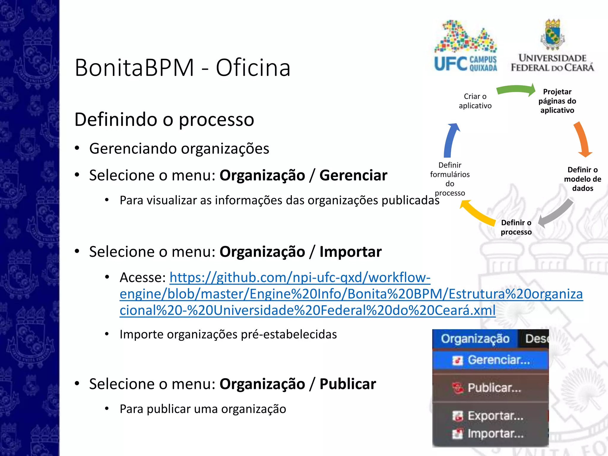 Projetar
páginas do
aplicativo
Definir o
modelo de
dados
Definir o
processo
Definir
formulários
do
processo
Criar o
aplicativo
BonitaBPM - Oficina
Definindo o processo
• Gerenciando organizações
• Selecione o menu: Organização / Gerenciar
• Para visualizar as informações das organizações publicadas
• Selecione o menu: Organização / Importar
• Acesse: https://github.com/npi-ufc-qxd/workflow-
engine/blob/master/Engine%20Info/Bonita%20BPM/Estrutura%20organiza
cional%20-%20Universidade%20Federal%20do%20Ceará.xml
• Importe organizações pré-estabelecidas
• Selecione o menu: Organização / Publicar
• Para publicar uma organização
 
