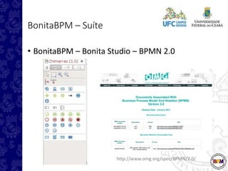 BonitaBPM – Suíte
• BonitaBPM – Bonita Studio – BPMN 2.0
http://www.omg.org/spec/BPMN/2.0/
 