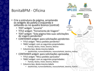 Projetar
páginas do
aplicativo
Definir o
modelo de
dados
Definir o
processo
Definir
formulários
do
processo
Criar o
aplicativo
BonitaBPM - Oficina
• Crie a estrutura da página, arrastando
os widgets da paleta à esquerda e
soltando-os no quadro branco (central)
• TEXT widget: "usuario"
• TITLE widget: "Ferramenta de Viagem"
• TEXT widget: "Esta página lista suas solicitações
de viagens pendentes"
• CONTAINER widget: para solicitações pendentes
• TITLE widget: "Meus pedidos pendentes"
• TABLE widget: com as seguintes propriedades:
• Partida, Noites, Hotel, Destino, Motivo
• Columns key: desta mesma tabela
• dataPartida, numeroDeNoites, necessitaHotel, destino, motivo
• CONTAINER widget: para solicitações aprovadas
• TITLE widget: "Meus pedidos aprovados"
• TABLE widget: com as seguintes propriedades:
• Partida, Noites, Hotel, Destino, Motivo
• Columns key: desta mesma tabela
• dataPartida, numeroDeNoites, necessitaHotel, destino, motivo
 