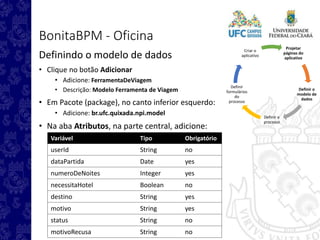 Projetar
páginas do
aplicativo
Definir o
modelo de
dados
Definir o
processo
Definir
formulários
do
processo
Criar o
aplicativo
BonitaBPM - Oficina
Definindo o modelo de dados
• Clique no botão Adicionar
• Adicione: FerramentaDeViagem
• Descrição: Modelo Ferramenta de Viagem
• Em Pacote (package), no canto inferior esquerdo:
• Adicione: br.ufc.quixada.npi.model
• Na aba Atributos, na parte central, adicione:
Variável Tipo Obrigatório
userId String no
dataPartida Date yes
numeroDeNoites Integer yes
necessitaHotel Boolean no
destino String yes
motivo String yes
status String no
motivoRecusa String no
 