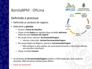 Projetar
páginas do
aplicativo
Definir o
modelo de
dados
Definir o
processo
Definir
formulários
do
processo
Criar o
aplicativo
BonitaBPM - Oficina
Definindo o processo
• Definindo as variáveis de negócio.
• Selecione a piscina
• Vá para o Painel de Detalhes
• Clique na aba Dados em seguida clique no botão Adicionar
abaixo da caixa Variáveis do negócio
• No campo nome, adicione: ferramentaDeViagem
• Informe a descrição: Variável ferramentaDeViagem
• No campo Objeto de Negócio, selecione: FerramentaDeViagem
• Não configure o valor padrão, ele usará posteriormente a informação definida
nos contratos (interfaces)
• Clique no botão Concluir
• Os atributos de ferramentaDeViagem contém a informação que será usada no
processo. Não há outras variáveis para definir.
• Salve seu processo!
 
