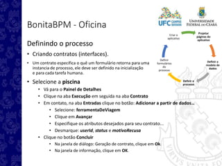 Projetar
páginas do
aplicativo
Definir o
modelo de
dados
Definir o
processo
Definir
formulários
do
processo
Criar o
aplicativo
BonitaBPM - Oficina
Definindo o processo
• Criando contratos (interfaces).
• Um contrato especifica o quê um formulário retorna para uma
instancia de processo, ele deve ser definido na inicialização
e para cada tarefa humana.
• Selecione a piscina
• Vá para o Painel de Detalhes
• Clique na aba Execução em seguida na aba Contrato
• Em contato, na aba Entradas clique no botão: Adicionar a partir de dados…
• Selecione: ferramentaDeViagem
• Clique em Avançar
• Especifique os atributos desejados para seu contrato...
• Desmarque: userId, status e motivoRecusa
• Clique no botão Concluir
• Na janela de diálogo: Geração de contrato, clique em Ok.
• Na janela de informação, clique em OK.
 