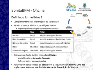 Definindo formulários 3
• Complementando as informações da solicitação.
• Para isso, vamos adicionar os widgets abaixo:
• Especifique estes widgets como somente leitura.
• Adicione um Radio button com o label Status:
• Available values: Aprovado, Recusado
• Selected Value: formInput.status
• Adicione um texto ao lado de Status com o seguinte valor: Escolha uma das
opções para informar sua decisão sobre esta Requisição de Viagem.
Tipo Valor
Destino Input requisicaoViagem.destino
Data de partida Input requisicaoViagem.dataPartida | date
Número de noites Input requisicaoViagem.numeroDeNoites
Hotel Checkbox requisicaoViagem.necessitaHotel
Motivo da viagem Text area requisicaoViagem.motivo
Projetar
páginas do
aplicativo
Definir o
modelo de
dados
Definir o
processo
Definir
formulários
do processo
Criar o
aplicativo
BonitaBPM - Oficina
 