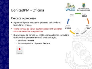 Projetar
páginas do
aplicativo
Definir o
modelo de
dados
Definir o
processo
Definir
formulários
do processo
Criar o
aplicativo
BonitaBPM - Oficina
Execute o processo
• Agora você pode executar o processo utilizando os
formulários criados.
• Tenha certeza de salvar as alterações no UI Designer
antes de executar seu processo.
• O processo está completo, então agora podemos executá-lo
e adicioná-lo posteriormente à uma aplicação.
• Selecione a Piscina
• No menu principal clique em: Executar
 
