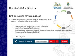 Projetar
páginas do
aplicativo
Definir o
modelo de
dados
Definir o
processo
Definir
formulários
do processo
Criar o
aplicativo
BonitaBPM - Oficina
Link para criar nova requisição
• Quando o usuário clica no botão de criar uma Requisição de
viagem, a aplicação exibe tal formulário:
• Para configurar o botão, selecione-o e informe na
propriedade target URL o link abaixo:
• http://localhost:8080/bonita/portal/resource/process/Ferramenta%20de%20Viagem
/1.0/content/?id={{processDef[0].id}}
• Salve a página:
 