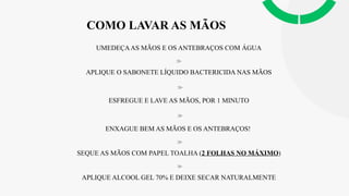 COMO LAVAR AS MÃOS
UMEDEÇAAS MÃOS E OS ANTEBRAÇOS COM ÁGUA

APLIQUE O SABONETE LÍQUIDO BACTERICIDA NAS MÃOS

ESFREGUE E LAVE AS MÃOS, POR 1 MINUTO

ENXAGUE BEM AS MÃOS E OS ANTEBRAÇOS!

SEQUE AS MÃOS COM PAPEL TOALHA (2 FOLHAS NO MÁXIMO)

APLIQUE ALCOOL GEL 70% E DEIXE SECAR NATURALMENTE
 