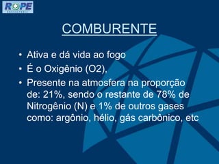 COMBURENTE
• Ativa e dá vida ao fogo
• É o Oxigênio (O2),
• Presente na atmosfera na proporção
de: 21%, sendo o restante de 78% de
Nitrogênio (N) e 1% de outros gases
como: argônio, hélio, gás carbônico, etc
 