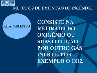 MÉTODOS DE EXTINÇÃO DE INCÊNDIO
ABAFAMENTO
CONSISTE NA
RETIRADA DO
OXIGÊNIO OU
SUBSTITUIÇÃO
POR OUTRO GÁS
INERTE, POR
EXEMPLO O CO2.
 
