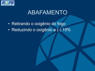 ABAFAMENTO
• Retirando o oxigênio do fogo
• Reduzindo o oxigênio a (-) 15%
 
