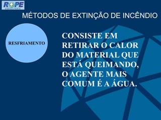 RESFRIAMENTO
MÉTODOS DE EXTINÇÃO DE INCÊNDIO
CONSISTE EM
RETIRAR O CALOR
DO MATERIAL QUE
ESTÁ QUEIMANDO,
O AGENTE MAIS
COMUM É A ÁGUA.
 