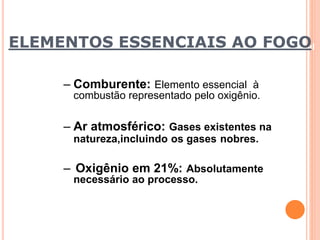 ELEMENTOS ESSENCIABIeSne fiAciaOme nFto OIndGustOrial 
– Comburente: Elemento essencial à 
combustão representado pelo oxigênio. 
– Ar atmosférico: Gases existentes na 
natureza,incluindo os gases nobres. 
– Oxigênio em 21%: Absolutamente 
necessário ao processo. 
 