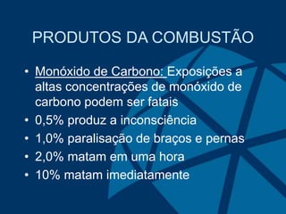 PRODUTOS DA COMBUSTÃO
• Monóxido de Carbono: Exposições a
altas concentrações de monóxido de
carbono podem ser fatais
• 0,5% produz a inconsciência
• 1,0% paralisação de braços e pernas
• 2,0% matam em uma hora
• 10% matam imediatamente
 