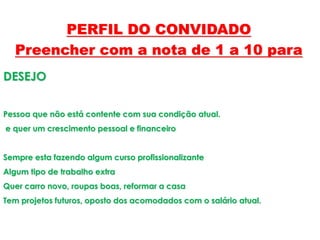 DESEJO
Pessoa que não está contente com sua condição atual.
e quer um crescimento pessoal e financeiro
Sempre esta fazendo algum curso profissionalizante
Algum tipo de trabalho extra
Quer carro novo, roupas boas, reformar a casa
Tem projetos futuros, oposto dos acomodados com o salário atual.
PERFIL DO CONVIDADO
Preencher com a nota de 1 a 10 para
 