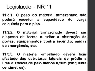 11.3.1. O peso do material armazenado não
poderá exceder a capacidade de carga
calculada para o piso.
11.3.2. O material armazenado deverá ser
disposto de forma a evitar a obstrução de
portas, equipamentos contra incêndio, saídas
de emergência, etc.
11.3.3. O material empilhado deverá ficar
afastado das estruturas laterais do prédio a
uma distância de pelo menos 0,50m (cinquenta
centímetros).
Legislação - NR-11
 