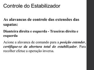 As alavancas de controle das extensões das
sapatas:
Dianteira direita e esquerda - Traseiras direita e
esquerda
Acione a alavanca de comando para a posição estender,
certifique-se da abertura total do estabilizador. Para
recolher efetue a operação inversa.
Controle do Estabilizador
 