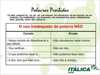 Palavras Proibidas
- Ta okei, magina! ta,...ta, né...né, um minuto, um minutinho, só um minuto, só um
    instante, um instantinho, um momento, um momentinho, peraí, infelizmente,
    bem, querida, amor, flor, calma aí...


            O uso inadequado da palavra NÃO
                Correto                                    Errado

- Nosso horário de Atendimento é           - Não atendemos neste horário
das 08h00...
- Vou verificar...                         - Não sei não...

- O que podemos fazer é...                 - Não podemos fazer isso...

- A Sra. tem que falar com...              - Isso não é comigo...
 