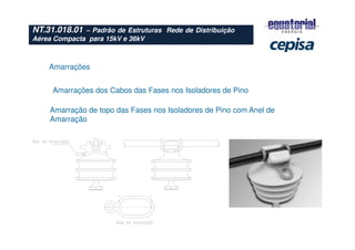 Amarrações
Amarração de topo das Fases nos Isoladores de Pino com Anel de
Amarração
Amarrações dos Cabos das Fases nos Isoladores de Pino
NT.31.018.01 – Padrão de Estruturas Rede de Distribuição
Aérea Compacta para 15kV e 36kV
 