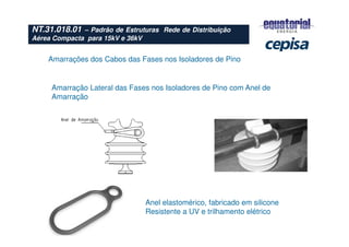 Amarrações dos Cabos das Fases nos Isoladores de Pino
Anel elastomérico, fabricado em silicone
Resistente a UV e trilhamento elétrico
Amarração Lateral das Fases nos Isoladores de Pino com Anel de
Amarração
NT.31.018.01 – Padrão de Estruturas Rede de Distribuição
Aérea Compacta para 15kV e 36kV
 