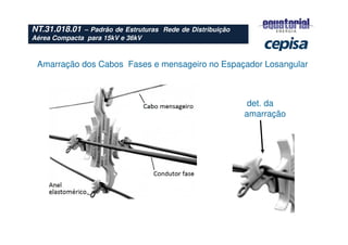 Amarração dos Cabos Fases e mensageiro no Espaçador Losangular
det. da
amarração
NT.31.018.01 – Padrão de Estruturas Rede de Distribuição
Aérea Compacta para 15kV e 36kV
 