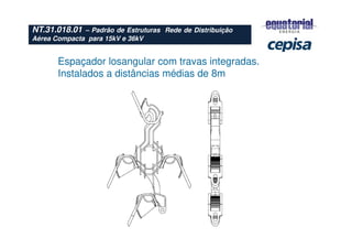 Espaçador losangular com travas integradas.
Instalados a distâncias médias de 8m
NT.31.018.01 – Padrão de Estruturas Rede de Distribuição
Aérea Compacta para 15kV e 36kV
 