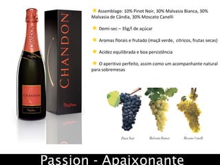 Assemblage: 10% Pinot Noir, 30% Malvasia Bianca, 30% Malvasia de Cândia, 30% Moscato Canelli Demi-sec – 35g/l de açúcar Aromas florais e frutado (maçã verde,  cítricos, frutas secas) Acidez equilibrada e boa persistência O aperitivo perfeito, assim como um acompanhante natural para sobremesas Passion - Apaixonante 