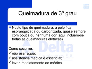 Queimadura de 3º grau
Neste tipo de queimadura, a pele fica
esbranquiçada ou carbonizada, quase sempre
com pouca ou nenhuma dor (aqui incluem-se
todas as queimaduras elétricas).
Como socorrer:
não usar água;
assistência médica é essencial;
levar imediatamente ao médico.
 