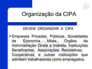 Organização da CIPA
DEVEM ORGANIZAR A CIPA
Empresas Privadas, Públicas, Sociedades
de Economia Mista, Órgãos da
Administração Direta e Indireta, Instituições
Beneficentes, Associações Recreativas,
Cooperativas e outras instituições que
admitam trabalhadores como empregados.
 