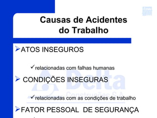 Causas de Acidentes
do Trabalho
ATOS INSEGUROS
relacionadas com falhas humanas
 CONDIÇÕES INSEGURAS
relacionadas com as condições de trabalho
FATOR PESSOAL DE SEGURANÇA
 