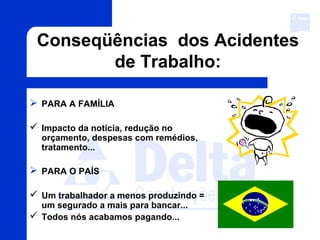 Conseqüências dos Acidentes
de Trabalho:
 PARA A FAMÍLIA
 Impacto da notícia, redução no
orçamento, despesas com remédios,
tratamento...
 PARA O PAÍS
 Um trabalhador a menos produzindo =
um segurado a mais para bancar...
 Todos nós acabamos pagando...
 