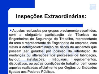 Aquelas realizadas por grupos previamente escolhidos,
com a obrigatória participação de Técnicos ou
Engenheiros de Segurança do Trabalho, representante
da área e representante da Engenharia da empresa, com
vistas à detecção/eliminação de riscos de acidentes que
possam ser gerados por ocasião da introdução de
mudanças ou alterações nos processos de fabricação,
lay-out, instalações, máquinas, equipamentos,
dispositivos, ou outras condições de trabalho, bem como
aquelas realizadas oficialmente por Órgãos ou Entidades
ligadas aos Poderes Públicos.
Inspeções Extraordinárias:
 