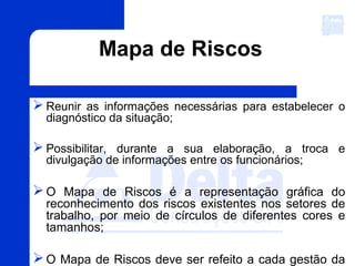  Reunir as informações necessárias para estabelecer o
diagnóstico da situação;
 Possibilitar, durante a sua elaboração, a troca e
divulgação de informações entre os funcionários;
O Mapa de Riscos é a representação gráfica do
reconhecimento dos riscos existentes nos setores de
trabalho, por meio de círculos de diferentes cores e
tamanhos;
O Mapa de Riscos deve ser refeito a cada gestão da
Mapa de Riscos
 