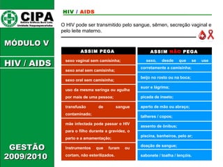 CCIIPPAA EEddiittoorraa GGrrááffiiccooss BBuurrttii LLttddaa.. 
UUnniiddaaddee IIttaaqquuaaqquueecceettuubbaa 
MMÓÓDDUULLOO VV 
GGEESSTTÃÃOO 
22000099//22001100 
O HIV pode ser transmitido pelo sangue, sêmen, secreção vaginal e 
pelo leite materno. 
ASSIM PEGA ASSIM NÃO PEGA 
sexo vaginal sem camisinha; 
sexo anal sem camisinha; 
sexo oral sem camisinha; 
uso da mesma seringa ou agulha 
por mais de uma pessoa; 
transfusão de sangue 
contaminado; 
mãe infectada pode passar o HIV 
para o filho durante a gravidez, o 
parto e a amamentação; 
Instrumentos que furam ou 
cortam, não esterilizados. 
sexo, desde que se use 
corretamente a camisinha; 
beijo no rosto ou na boca; 
suor e lágrima; 
picada de inseto; 
aperto de mão ou abraço; 
talheres / copos; 
assento de ônibus; 
piscina, banheiros, pelo ar; 
doação de sangue; 
sabonete / toalha / lençóis. 
HIV / AIDS 
HHIIVV // AAIIDDSS 
 
