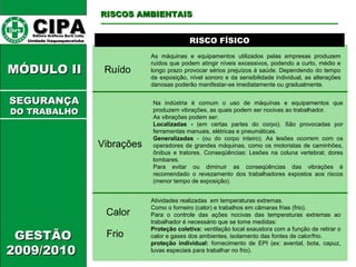 CCIIPPAA EEddiittoorraa GGrrááffiiccooss BBuurrttii LLttddaa.. 
UUnniiddaaddee IIttaaqquuaaqquueecceettuubbaa 
MMÓÓDDUULLOO IIII 
GGEESSTTÃÃOO 
22000099//22001100 
RRIISSCCOOSS AAMMBBIIEENNTTAAIISS 
RRIISSCCOO FFÍÍSSIICCOO 
Ruído 
As máquinas e equipamentos utilizados pelas empresas produzem 
ruídos que podem atingir níveis excessivos, podendo a curto, médio e 
longo prazo provocar sérios prejuízos à saúde. Dependendo do tempo 
de exposição, nível sonoro e da sensibilidade individual, as alterações 
danosas poderão manifestar-se imediatamente ou gradualmente. 
SSEEGGUURRAANNÇÇAA 
DDOO TTRRAABBAALLHHOO 
Vibrações 
Na indústria é comum o uso de máquinas e equipamentos que 
produzem vibrações, as quais podem ser nocivas ao trabalhador. 
As vibrações podem ser: 
Localizadas - (em certas partes do corpo). São provocadas por 
ferramentas manuais, elétricas e pneumáticas. 
Generalizadas - (ou do corpo inteiro). As lesões ocorrem com os 
operadores de grandes máquinas, como os motoristas de caminhões, 
ônibus e tratores. Conseqüências: Lesões na coluna vertebral; dores 
lombares. 
Para evitar ou diminuir as conseqüências das vibrações é 
recomendado o revezamento dos trabalhadores expostos aos riscos 
(menor tempo de exposição). 
Calor 
Atividades realizadas em temperaturas extremas. 
Como o forneiro (calor) e trabalhos em câmaras frias (frio). 
Para o controle das ações nocivas das temperaturas extremas ao 
trabalhador é necessário que se tome medidas: 
Proteção coletiva: ventilação local exaustora com a função de retirar o 
calor e gases dos ambientes, isolamento das fontes de calor/frio. 
proteção individual: fornecimento de EPI (ex: avental, bota, capuz, 
luvas especiais para trabalhar no frio). 
Frio 
 