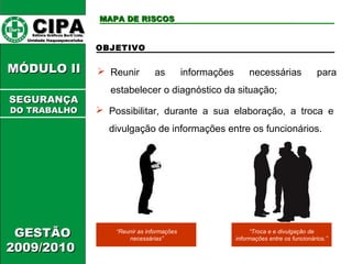 CCIIPPAA EEddiittoorraa GGrrááffiiccooss BBuurrttii LLttddaa.. 
UUnniiddaaddee IIttaaqquuaaqquueecceettuubbaa 
MMÓÓDDUULLOO IIII 
GGEESSTTÃÃOO 
22000099//22001100 
MMAAPPAA DDEE RRIISSCCOOSS 
OBJETIVO 
 Reunir as informações necessárias para 
estabelecer o diagnóstico da situação; 
 Possibilitar, durante a sua elaboração, a troca e 
divulgação de informações entre os funcionários. 
“Reunir as informações 
necessárias” 
“Troca e e divulgação de 
informações entre os funcionários.” 
SSEEGGUURRAANNÇÇAA 
DDOO TTRRAABBAALLHHOO 
 