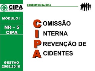 CCIIPPAA EEddiittoorraa GGrrááffiiccooss BBuurrttii LLttddaa.. 
UUnniiddaaddee IIttaaqquuaaqquueecceettuubbaa 
CONCEITOS DA CIPA 
CC MMÓÓDDUULLOO II 
GGEESSTTÃÃOO 
22000099//22001100 
IIP 
PA 
A 
OOMMIISSSSÃÃOO 
NNTTEERRNNAA 
RREEVVEENNÇÇÃÃOO DDEE 
CCIIDDEENNTTEESS 
NNRR –– 55 
CCIIPPAA 
 