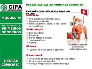 EMERGÊNCIAS RREELLAACCIIOONNAADDAASS AAOO 
CCInAAsLLoOOlaRRção 
 Pele quente, avermelhada e seca; 
 Respiração acelerada; 
 Fraqueza, tontura, enjôo e até perda 
de consciência. 
Desidratação 
 Suor adundante; 
 Fraqueza; 
 Dor de cabeça e tontura; 
 Náusea e vômito; 
 Cãibras. 
Cãibras 
 Cãibras no braço, perna e abdômen. 
Cãibras são comuns 
e emergências 
relacionadas ao calor 
O que fazer? 
 Tire a vítima do calor, leve-a para um local fresco; 
 Esfrie a vítima com água fria; 
 Verifique a respiração e o estado de choque. 
CCIIPPAA EEddiittoorraa GGrrááffiiccooss BBuurrttii LLttddaa.. 
UUnniiddaaddee IIttaaqquuaaqquueecceettuubbaa 
MMÓÓDDUULLOO IIVV 
NNOOÇÇÕÕEESS BBÁÁSSIICCAASS DDEE 
PPRRIIMMEEIIRROOSS 
SSOOCCOORRRROOSS 
GGEESSTTÃÃOO 
22000099//22001100 
NOÇÕES BÁSICAS DE PRIMEIROS SOCORROS 
 