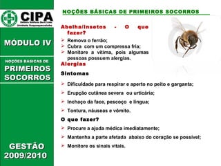 Abelha/Insetos - O que 
fazer? 
 Remova o ferrão; 
 Cubra com um compressa fria; 
 Monitore a vítima, pois algumas 
pessoas possuem alergias. 
Alergias 
Sintomas 
 Dificuldade para respirar e aperto no peito e garganta; 
 Erupção cutânea severa ou urticária; 
 Inchaço da face, pescoço e língua; 
 Tontura, náuseas e vômito. 
O que fazer? 
 Procure a ajuda médica imediatamente; 
 Mantenha a parte afetada abaixo do coração se possível; 
 Monitore os sinais vitais. 
CCIIPPAA EEddiittoorraa GGrrááffiiccooss BBuurrttii LLttddaa.. 
UUnniiddaaddee IIttaaqquuaaqquueecceettuubbaa 
MMÓÓDDUULLOO IIVV 
NNOOÇÇÕÕEESS BBÁÁSSIICCAASS DDEE 
PPRRIIMMEEIIRROOSS 
SSOOCCOORRRROOSS 
GGEESSTTÃÃOO 
22000099//22001100 
NOÇÕES BÁSICAS DE PRIMEIROS SOCORROS 
 
