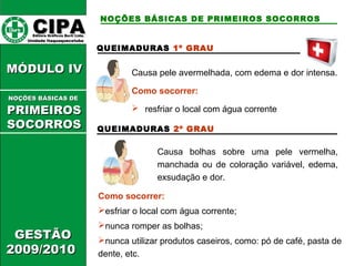 CCIIPPAA EEddiittoorraa GGrrááffiiccooss BBuurrttii LLttddaa.. 
UUnniiddaaddee IIttaaqquuaaqquueecceettuubbaa 
MMÓÓDDUULLOO IIVV 
GGEESSTTÃÃOO 
22000099//22001100 
NOÇÕES BÁSICAS DE PRIMEIROS SOCORROS 
QUEIMADURAS 1º GRAU 
Causa pele avermelhada, com edema e dor intensa. 
Como socorrer: 
 resfriar o local com água corrente 
QUEIMADURAS 2º GRAU 
Causa bolhas sobre uma pele vermelha, 
manchada ou de coloração variável, edema, 
exsudação e dor. 
Como socorrer: 
esfriar o local com água corrente; 
nunca romper as bolhas; 
nunca utilizar produtos caseiros, como: pó de café, pasta de 
dente, etc. 
NNOOÇÇÕÕEESS BBÁÁSSIICCAASS DDEE 
PPRRIIMMEEIIRROOSS 
SSOOCCOORRRROOSS 
 