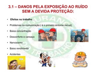 3.1 – DANOS PELA EXPOSIÇÃO AO RUÍDO
SEM A DEVIDA PROTEÇÃO:
• Efeitos no trabalho
• Problemas na comunicação ( é o primeiro sintoma visível)
• Baixa concentração
• Desconforto e cansaço
• Nervosismo
• Baixo rendimento
• Acidentes
 