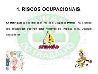 4. RISCOS OCUPACIONAIS:
4.1 Definição: são os Riscos inerentes à Ocupação Profissional exercida
pelo colaborador, podendo gerar Acidentes de Trabalho e/ ou Doenças
indesejadas!!!
 